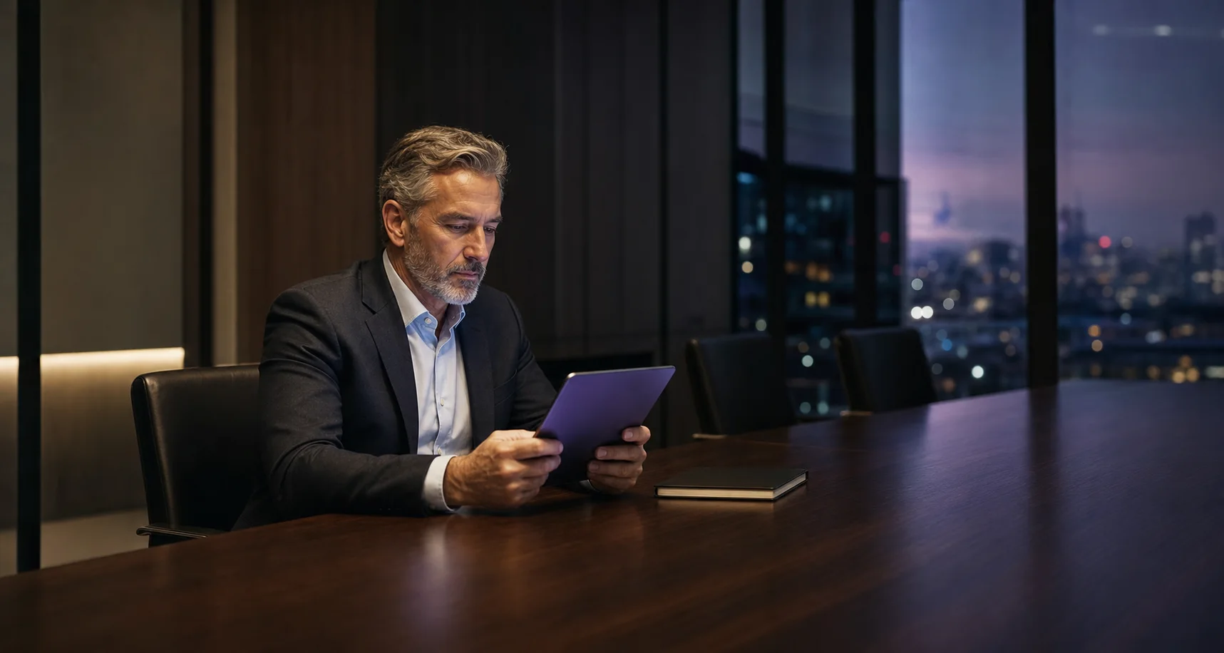 An executive privately reviewing board material on a tablet before a meeting.
