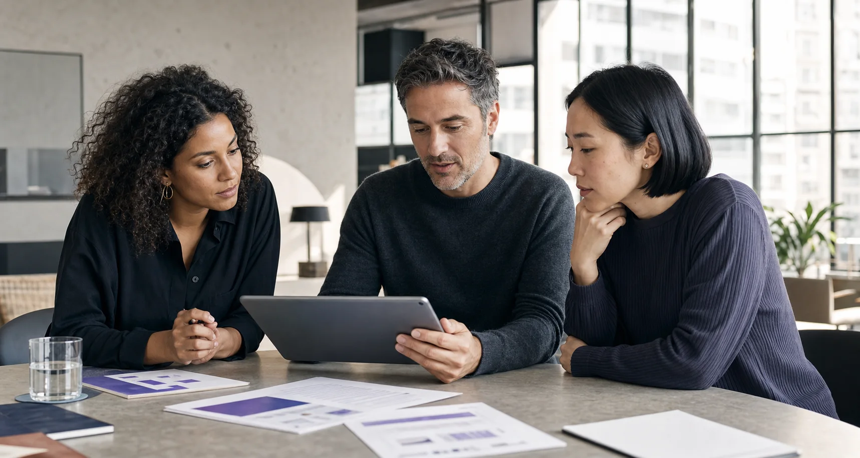 Three colleagues reviewing an important client proposal together on a tablet.
