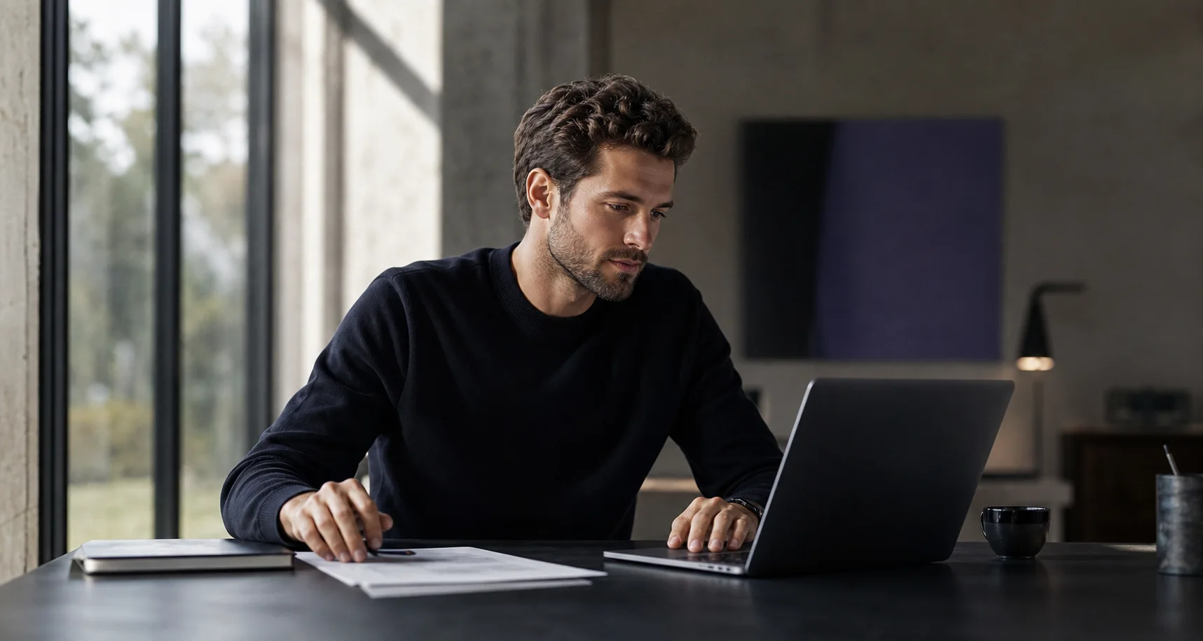 A professional carefully reviewing a document at a laptop before sharing it.
